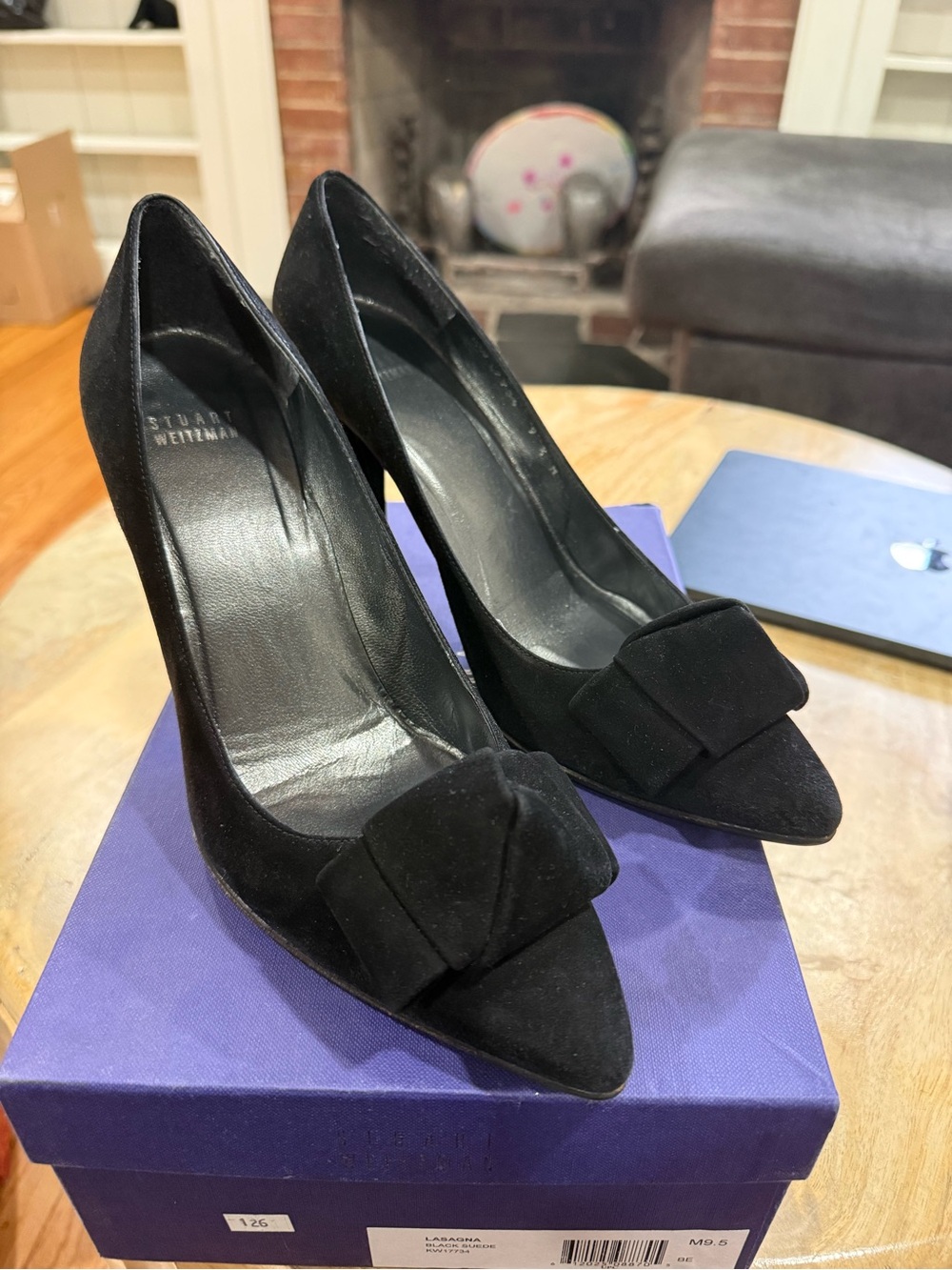 Stuart Weitzman Black Suede Pointed-Toe Bow Pumps